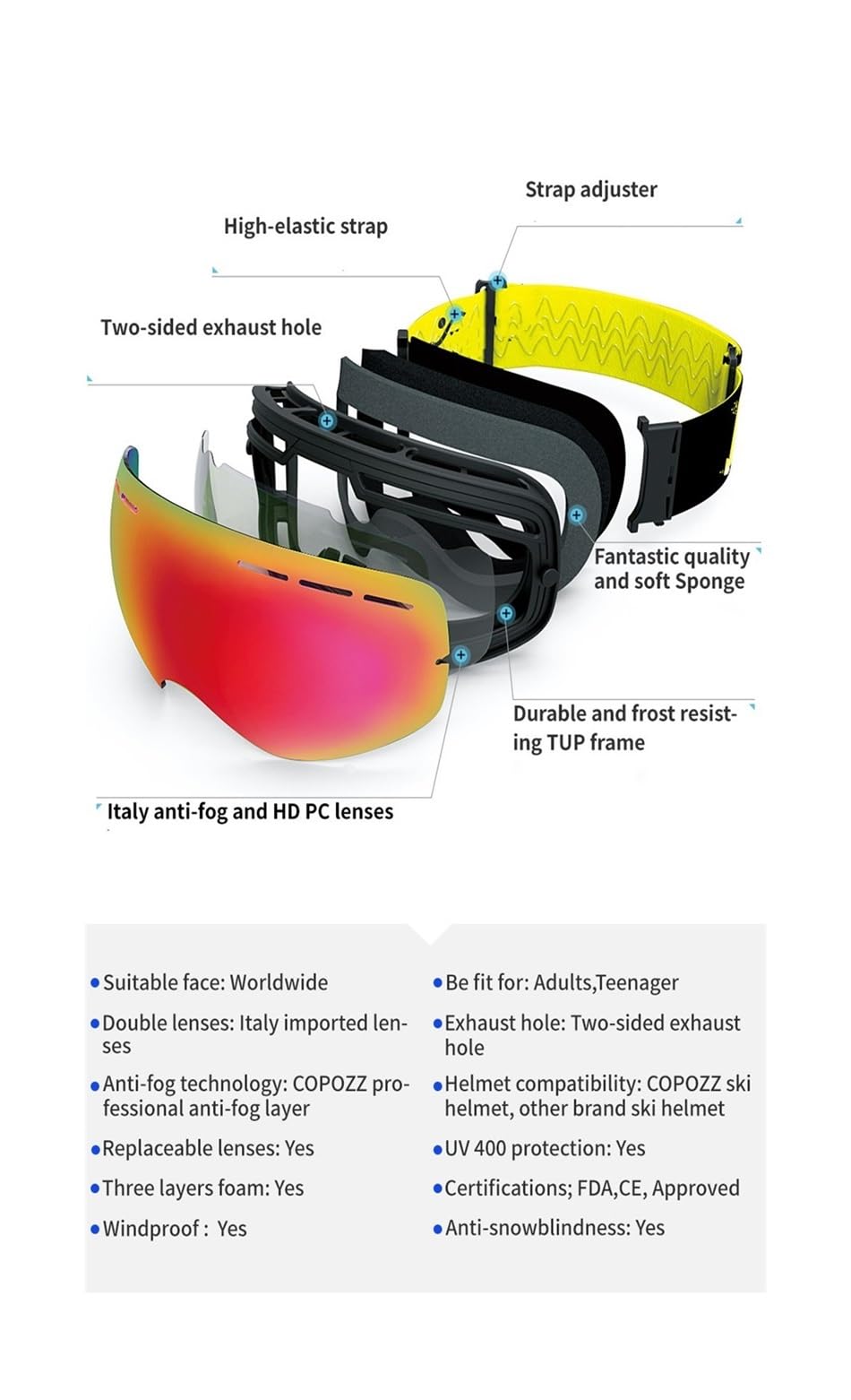 Occhiali Moto per Lo Sci Protezione UV400 Sci Occhiali da Neve Occhiali da Sci Uomo Donna Occhiali da Snowboard Occhiali Maschera da Sci Antiappannamento(10)