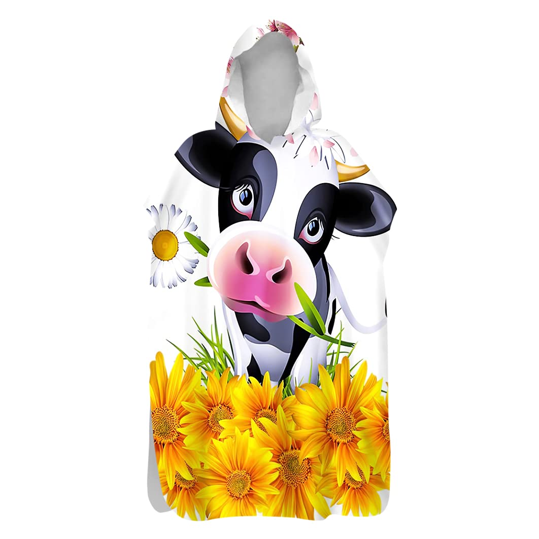 Hiseng Kids Bathrobe Quick Dry Lightweight Poncho with Hooded Microfibre Animal Pattern Towel Poncho Adult Beach Surfing Swimming Changing Robe (Cows,75x145cm)