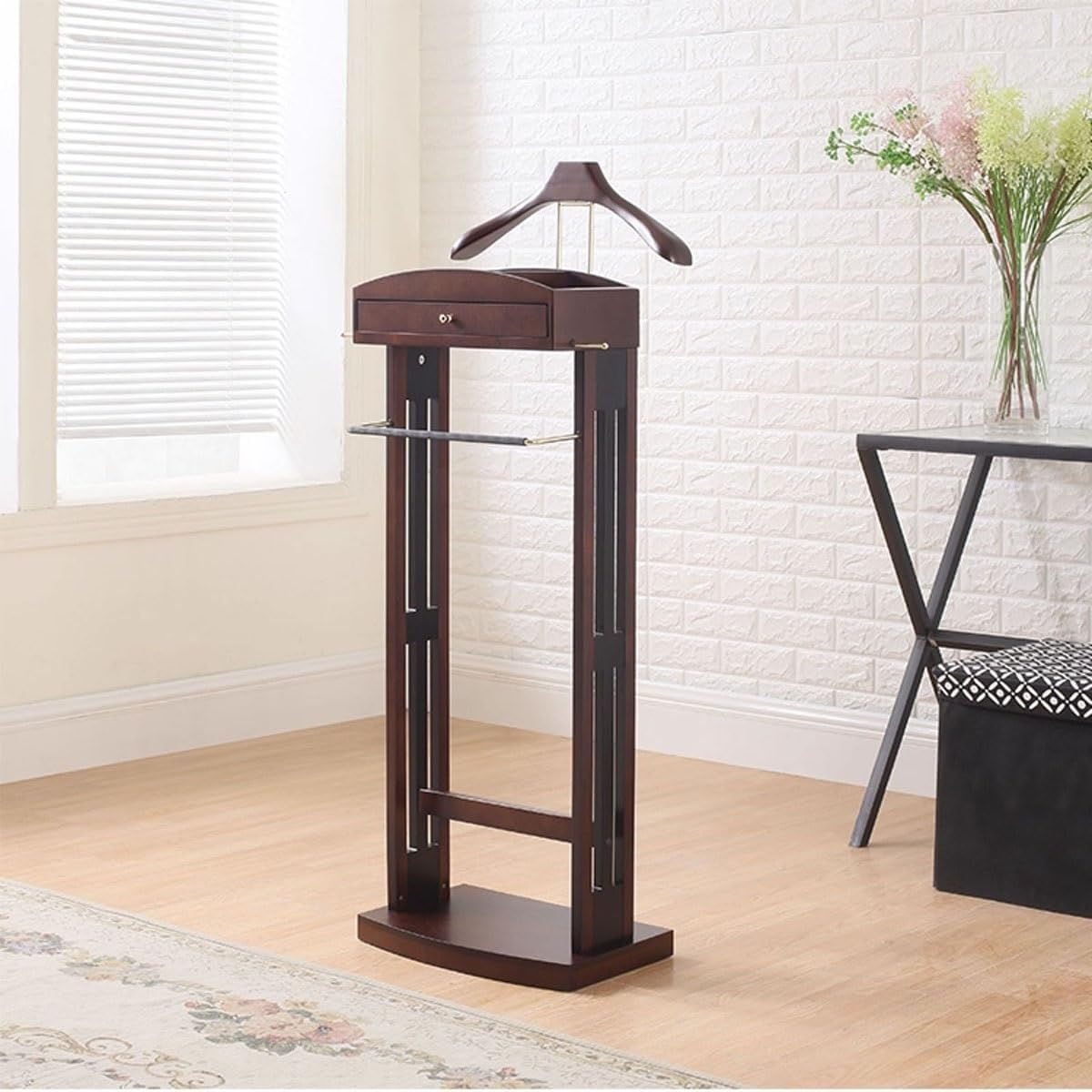 Wood Mens Valet Stand with Top Tray & Drawer, Suit Hanger Butler Clothing Racks with Base, Trouser Rod ＆ Tie Rack, Bottom Shoe Rack for Living Room, Bedroom, Office