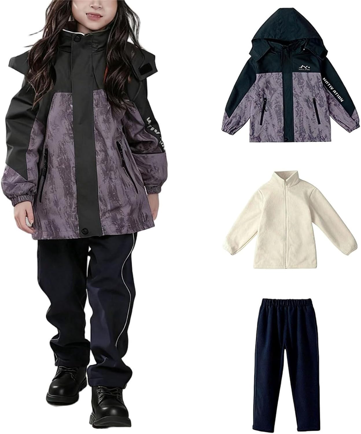 Boys Girls Windproof Waterproof Ski Jacket and Pants Sets Kids Zipper Warm Inner Layer Hooded Sport Windbreaker Suit