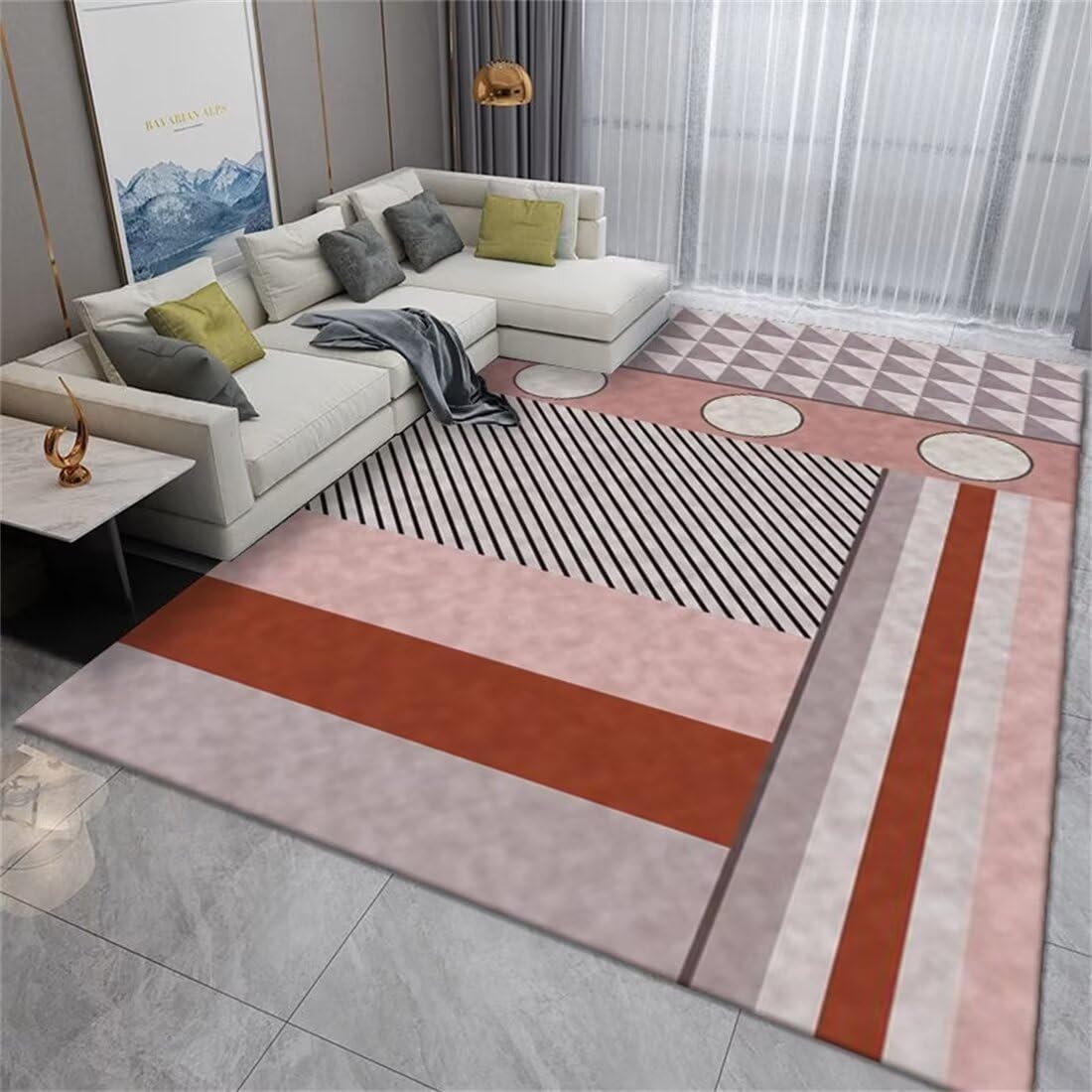 Design géométrique rectangulaire pour ce tapis flou rose gris de terrasse