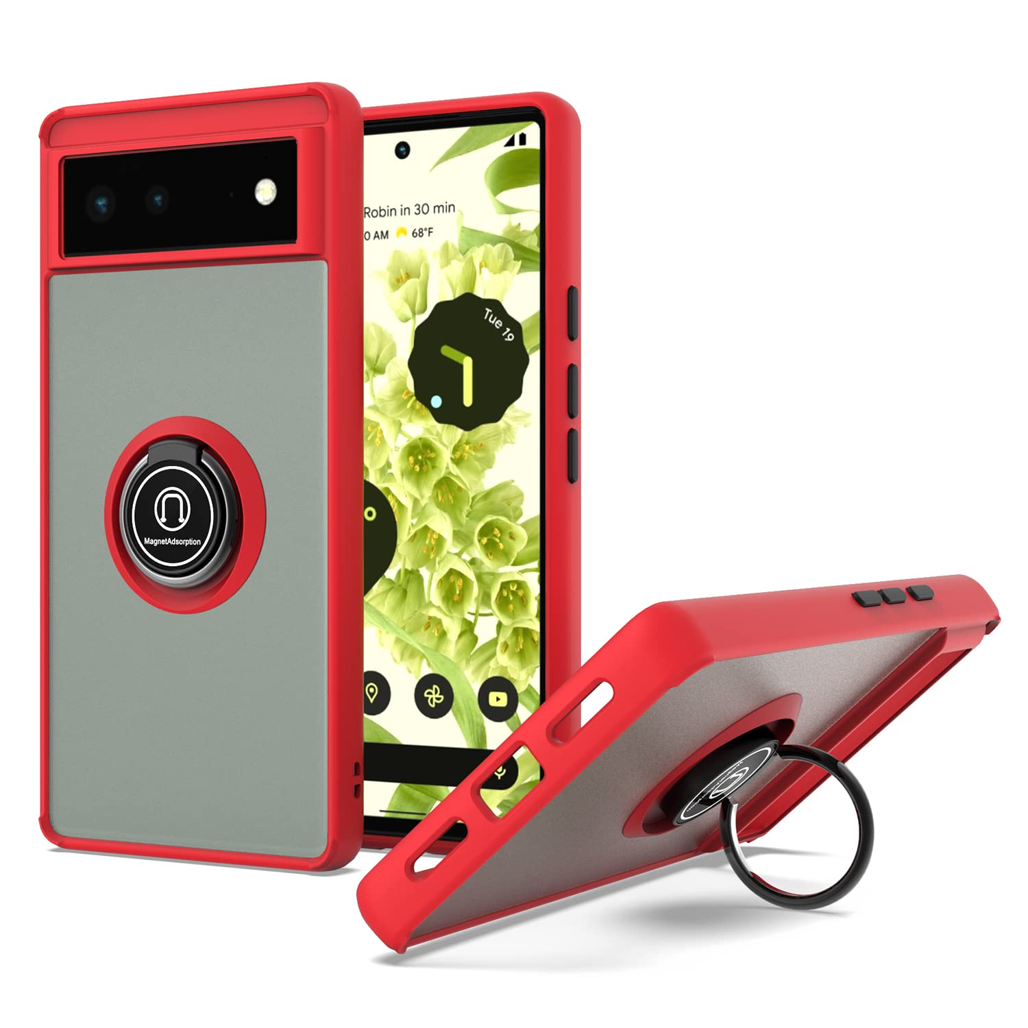 KWEICASE Cell Phone Case for Google Pixel 6 5G, Slim Matte Clear Google Pixel 6 Case with Metal Ring Kickstand Compatible with Magnetic Car Holder Shockproof Protective Hybrid Case, Red