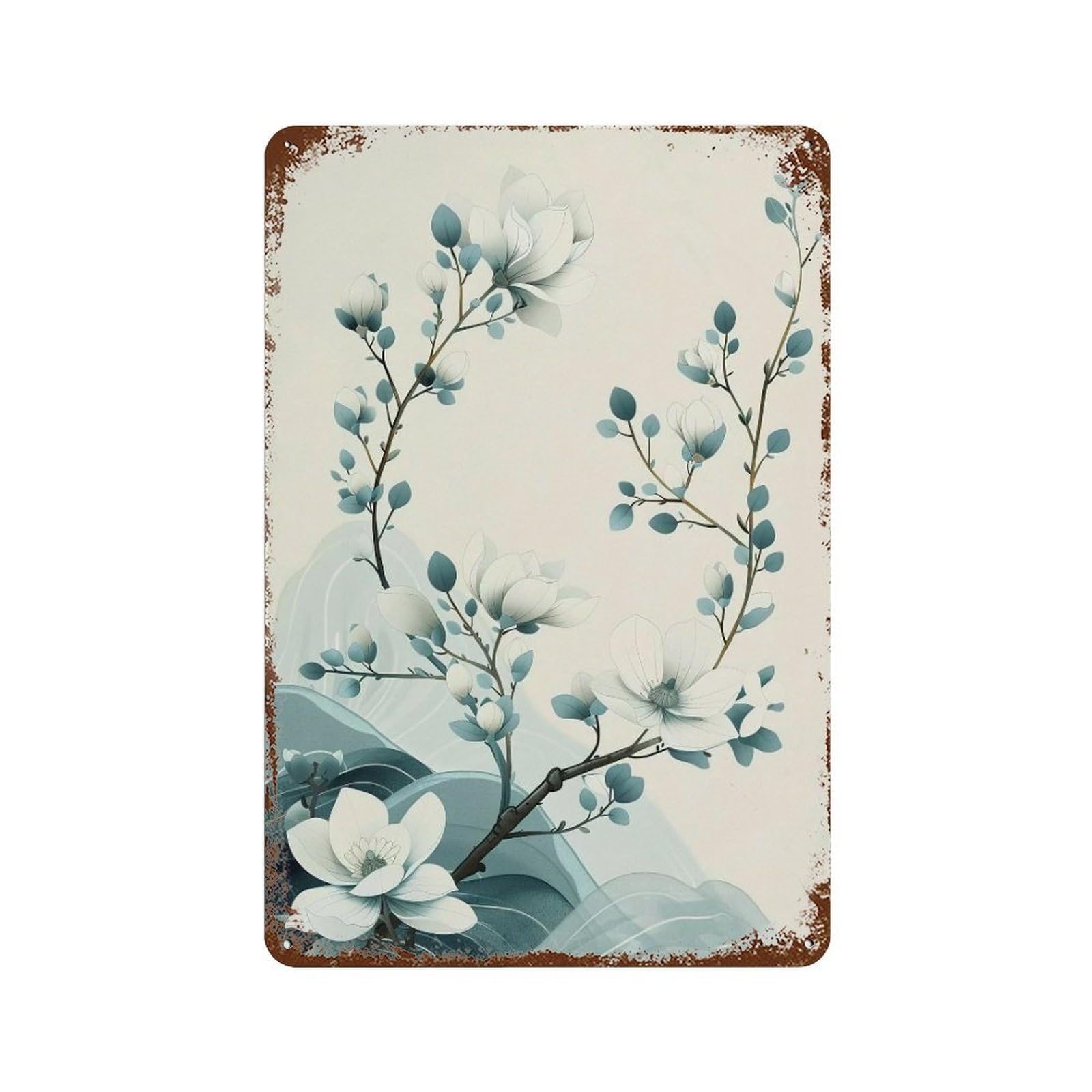 Wihyrtui Style Soft Gradient Teal Oriental Floral Twigs 04 Wall Retro Iron Metal Tin Sign Vintage Art Poster Modern Home Cofffee Club Art Bar Shop Decor 30X20cm