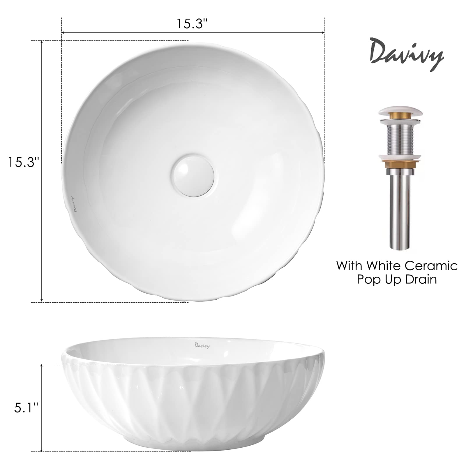 Davivy 15.3'' Round Vessel Sink with Pop Up Drain,Bathroom Vessel Sinks,Bathroom Sinks Above Counter,White Vessel Sink,Counter top Sink,Round Vessel Sinks for bathrooms