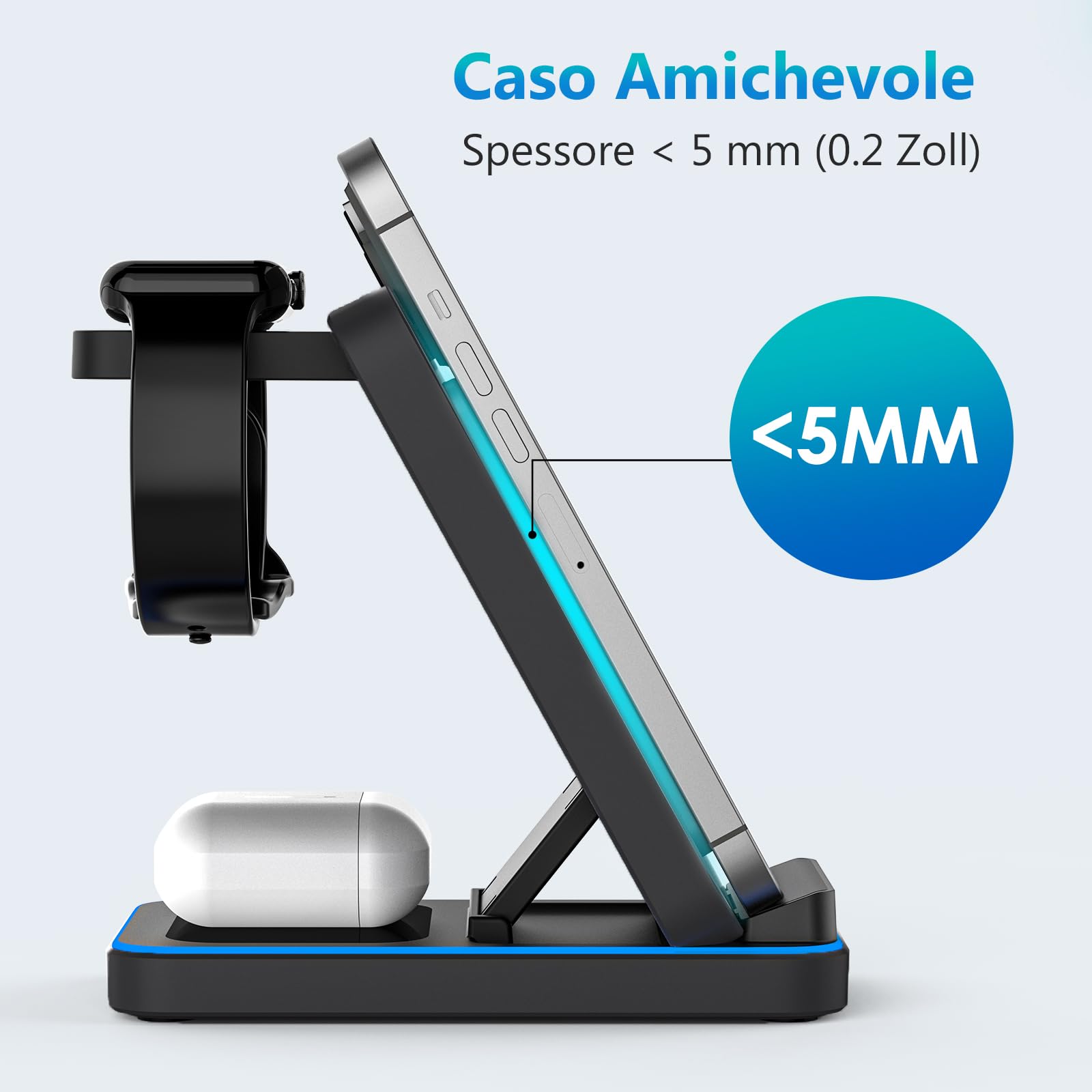 Stazione di Ricarica Wireless 3 in 1, Caricatore Pieghevole Wireless con Adattatore, Stand di Ricarica Multipla 15W Max per iPhone/Samsung/Apple Watch/Apple Earphones (Nero)