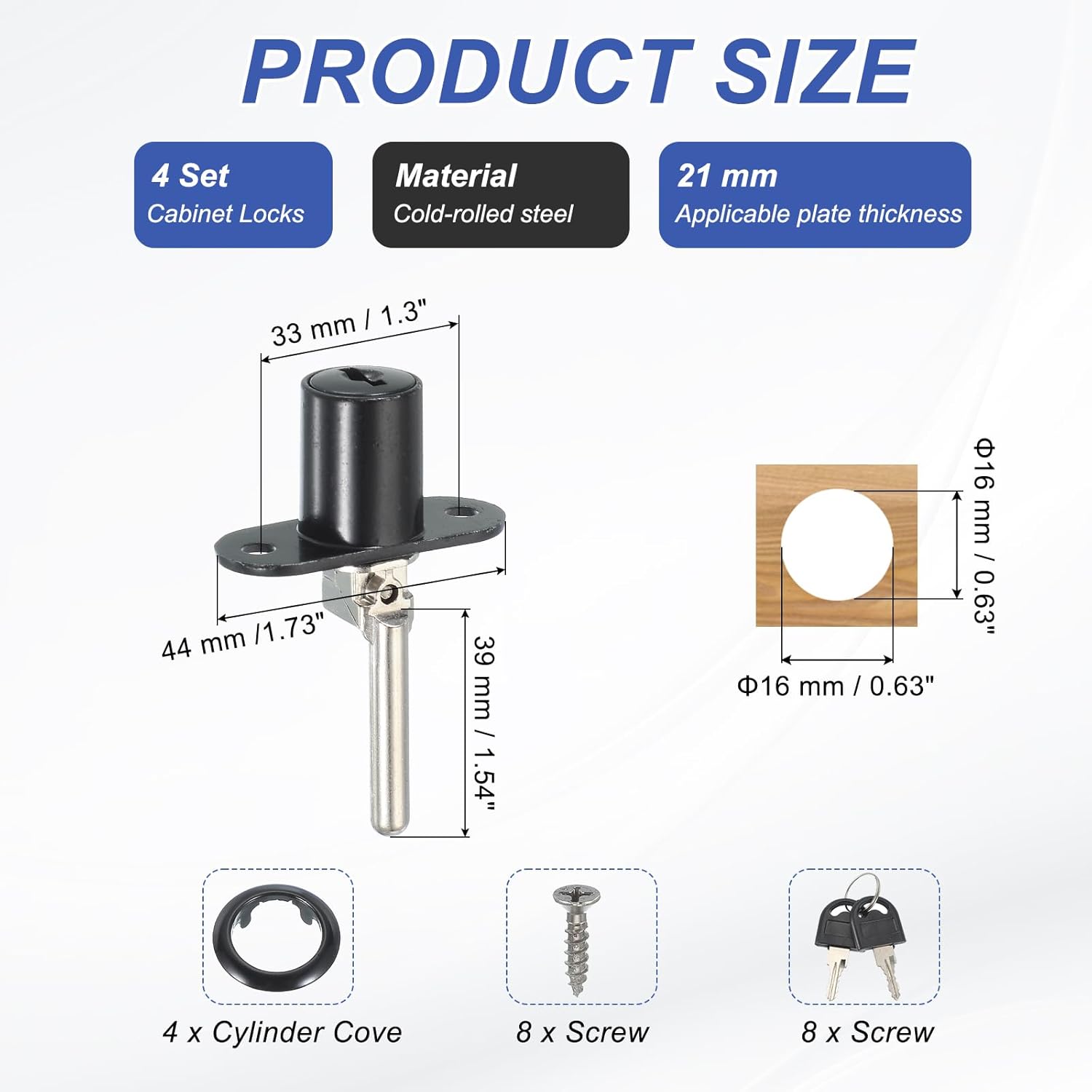 MECCANIXITY Drawer Lock with Keys, 16mm(5/8") Zinc Alloy File Cabinet Lock Cylinder Desk Cabinet Locks Keyed Different for Office Wardrobe Locker Showcase, Black Pack of 4