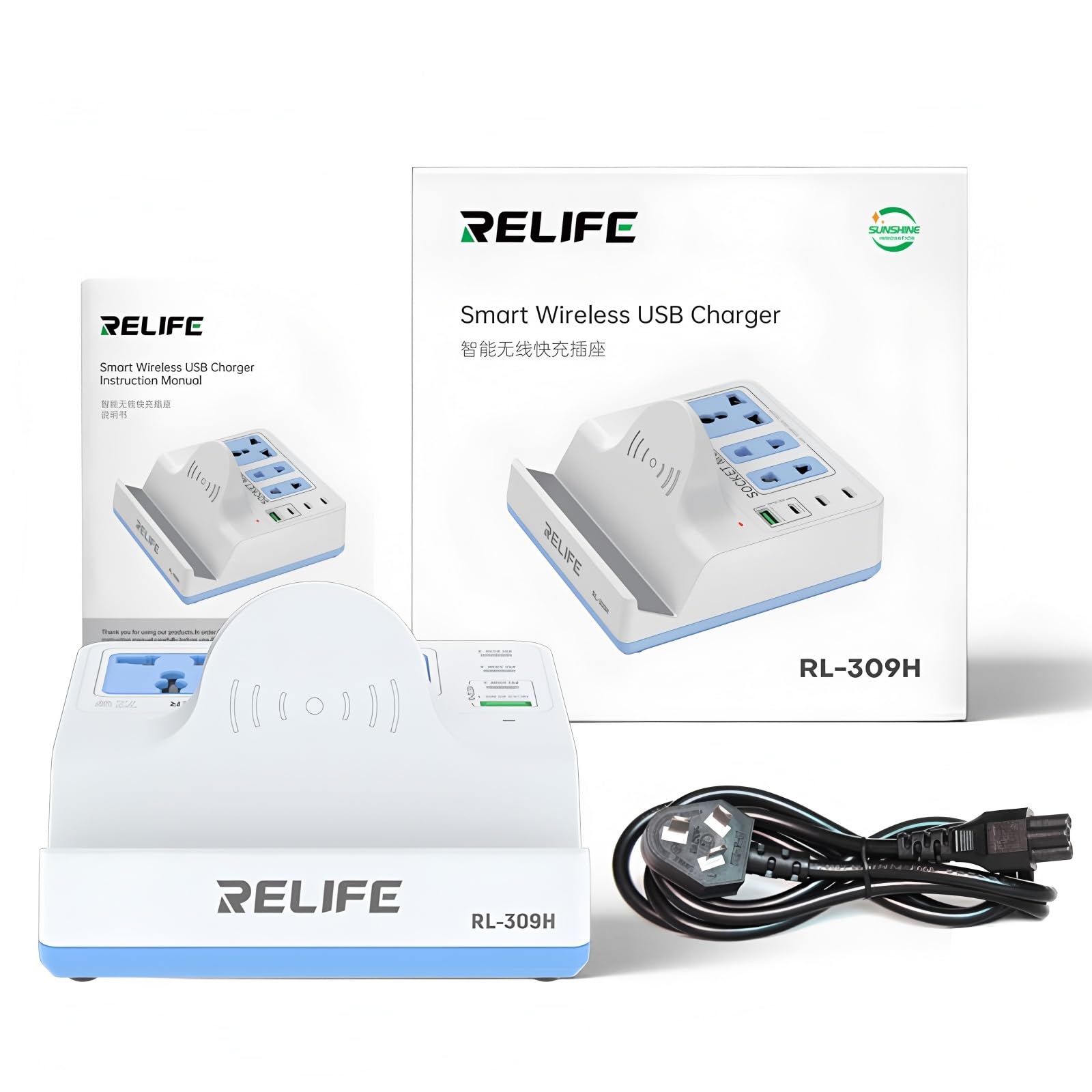 Cargador Rápido RL-309H 72W Evita Cables Sueltos con Enchufe Inteligente y Carga Inalámbrica