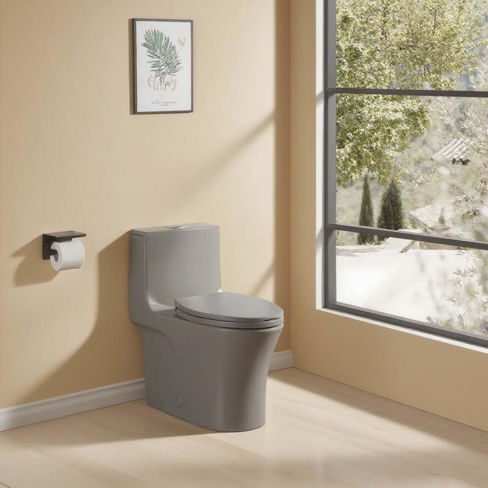 Inodoro moderno gris de una pieza, tipo alargado, con sistema de doble descarga (1.1/1.6 GPF), asiento de cierre suave y fácil instalación miniatura 1