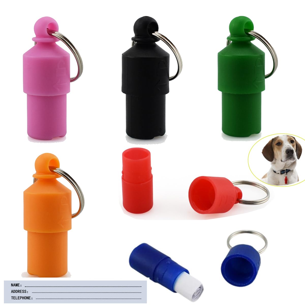 DraCra 6 Pack Dog ID Tags Personalized Anti-Lost Pet Name Address Phone Contact Information Label Capsule Tube Container for Cat Puppy Small Animals Kitty Collars