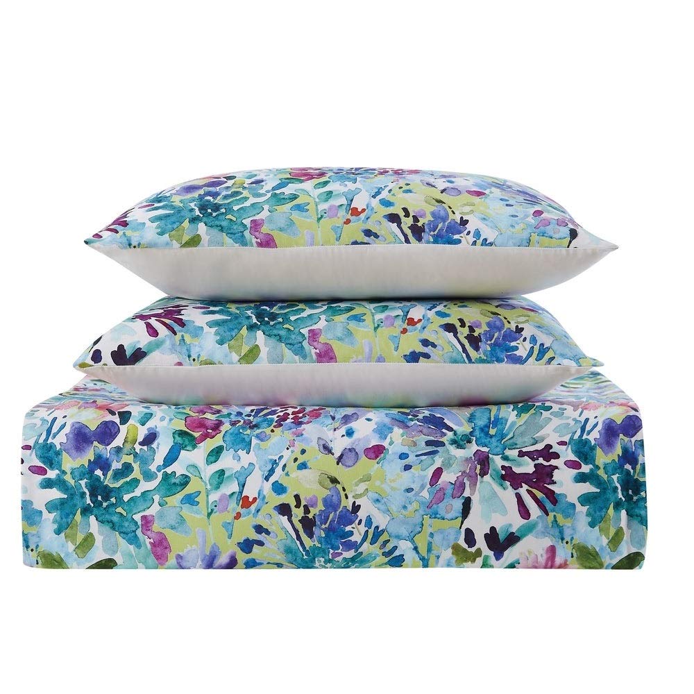 HNU 3 Piece Casual Floral Comforter King Size Allover Bright Blue Green Pink Flowers Pattern 100% Cotton 200 Thread Count All Season Cozy Comfy Elegant Soft Warm Plush Comforter Luxury Bedroom Decor