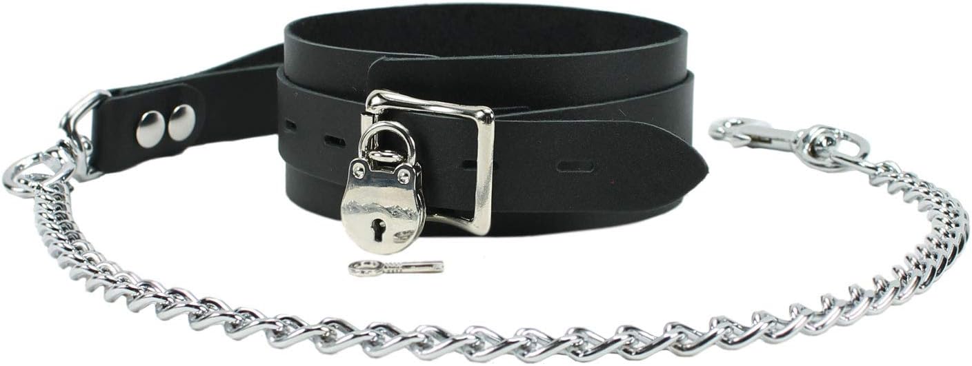 Calgary Collar Leash Cowhide Leather Handmade Leather Collar Chain Leash (Large, Black)