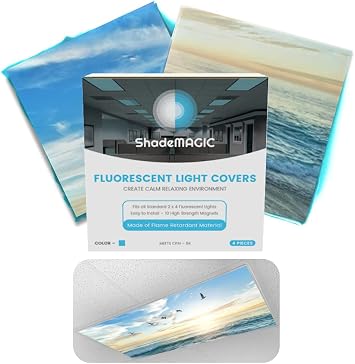 ShadeMAGIC Fluorescent Light Covers for Classroom Office -BEACH- Light Filter Pack of; Eliminate Harsh Glare That Causing Eyestrain and Head Strain. Office & Classroom Decorations. Light Diffusers (2)