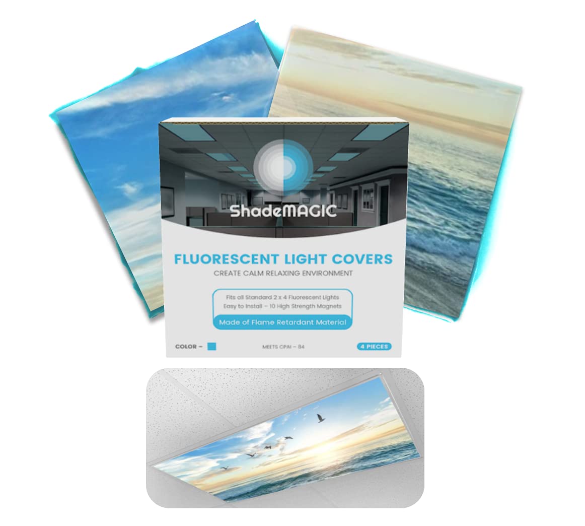 Fluorescent Light Covers for Classroom Office -BEACH- Light Filter Pack of; Eliminate Harsh Glare That Causing Eyestrain and Head Strain. Office & Classroom Decorations. Light Diffusers (2)