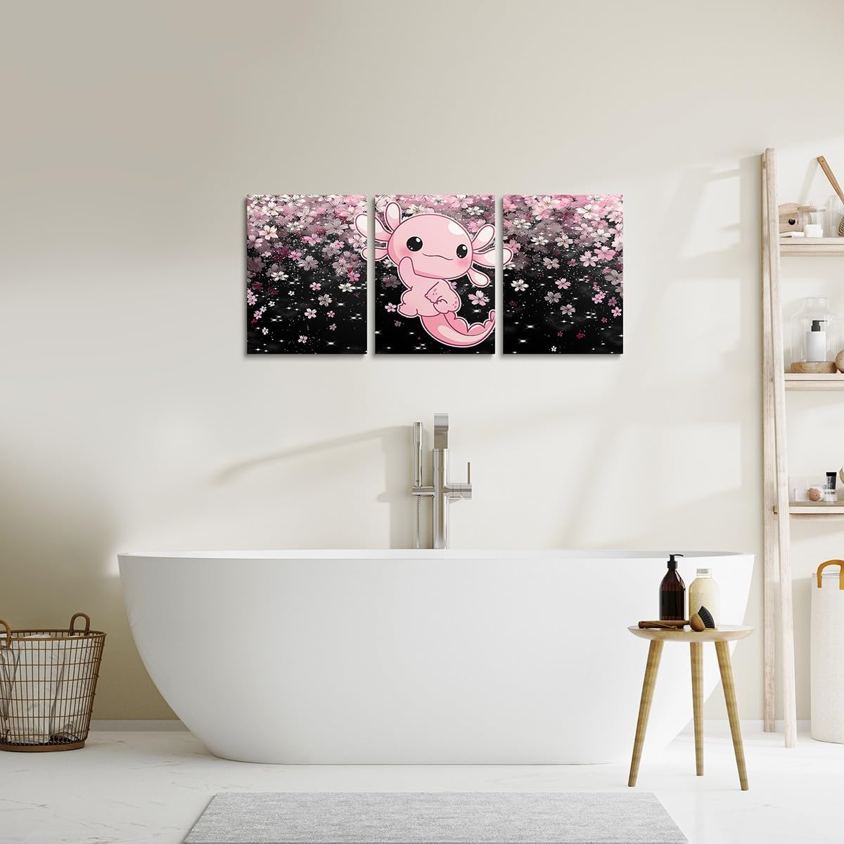 Cute Axolotl Canvas Wall Art Set of 3 for Girl Cartoon Pink Axolotl Wall Decor for Kids Teens Kawaii Salamander Sea Ocean Animal Framed Paintings Artwork Romantic Cherry Blossom Poster Prints,12x16