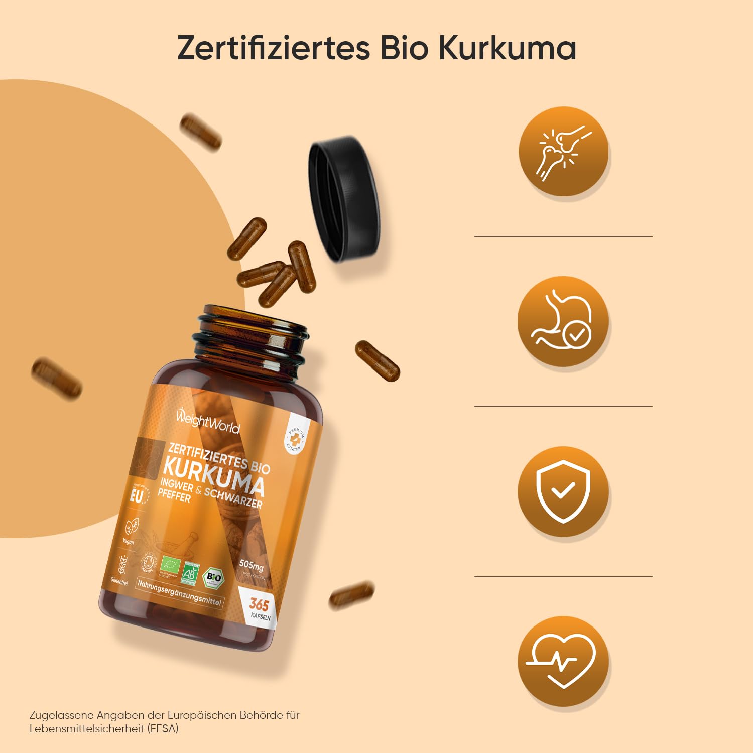 Bio Kurkuma Kapseln - 365 Turmeric Capsules - 1 Jahr Vorrat - Curcuma Pulver mit Ingwer & Schwarzer Pfeffer - Vegan - Bio Zertifiziert - Alternative zu Curcuma Extraxt - Laktosefrei - WeightWorld