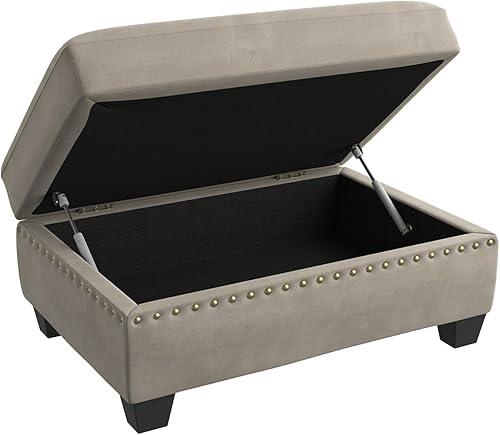 Miniatura 4 de HONBAY Banco otomano rectangular tapizado de terciopelo con barra hidráulica de almacenamiento otomana para sala de estar, gris claro