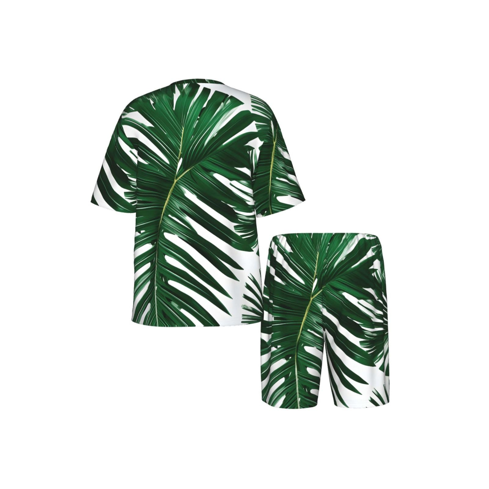 Conjunto de pijama clásico con estampado de hojas de palma verde para hombre, pantalones cortos de pijama suaves para hombre, perfecto para las noches de verano