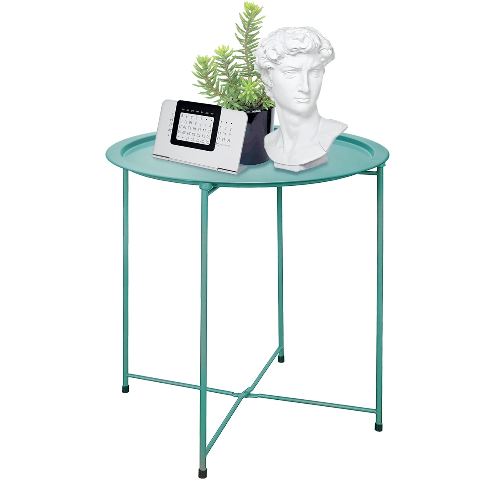 Garden 4 you End Table Metal Side Table Green Round Folding Tray Cyan Sofa Small Accent Fold-able Table, Round End Table Tray, Next to Sofa Table,