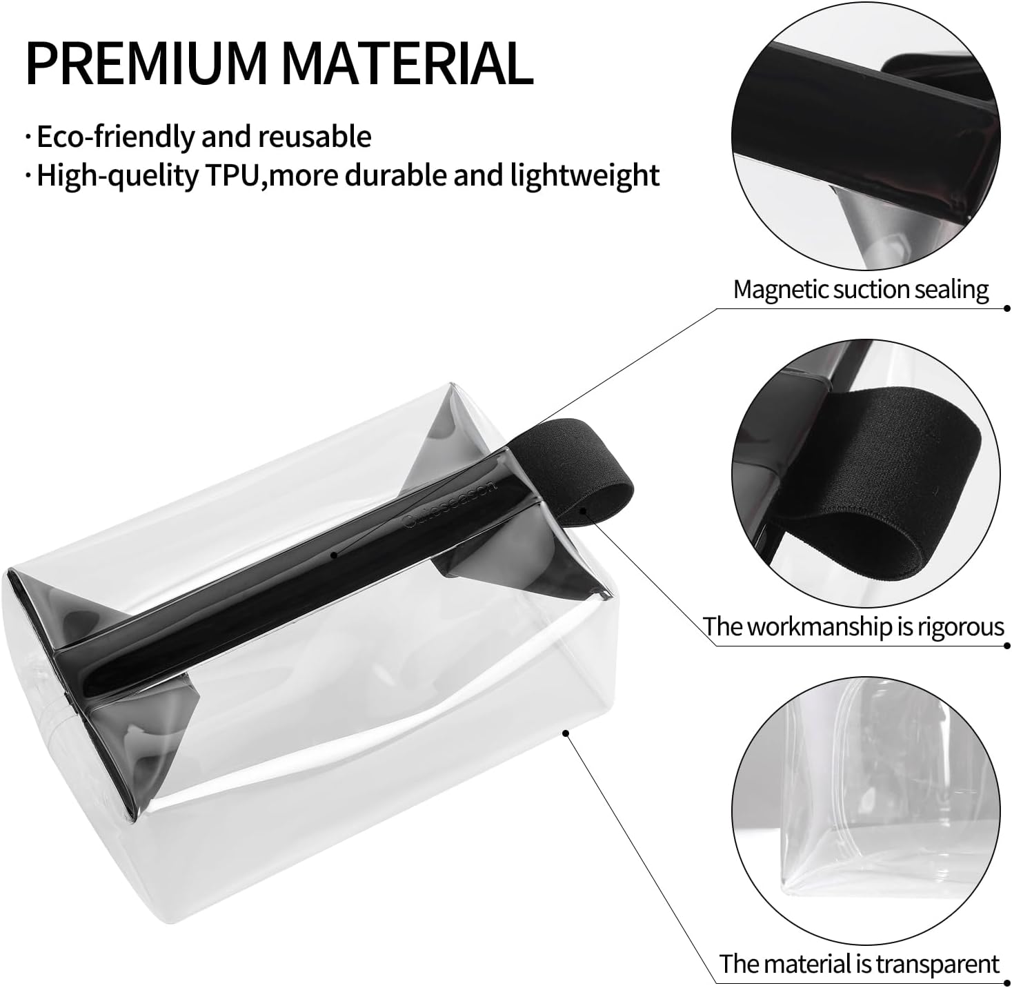 Clear Toiletry Bag with Magnetic Closure, 0.7mm Thick Structured TPU Travel Organizer, Transparent Cosmetic and Makeup Bag with Modern Color Trim(Black Trim)