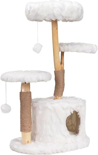 Miniatura 6 de Árbol moderno para gatos, torre de madera maciza natural, condominio de lujo de varios niveles con 2 postes rascadores, casa inferior de felpa y