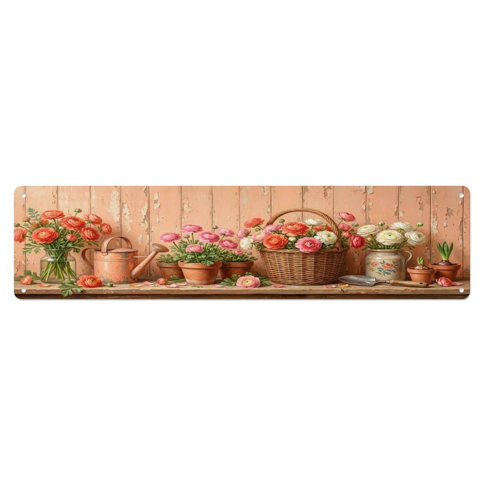 Floral Garden Tools Ranunculus Vase Pattern Print Metal Tin Sign