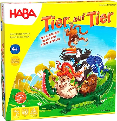 HABA Tier auf Tier – Stapel- und Würfelspiel aus Holz mit 29 Tieren,...