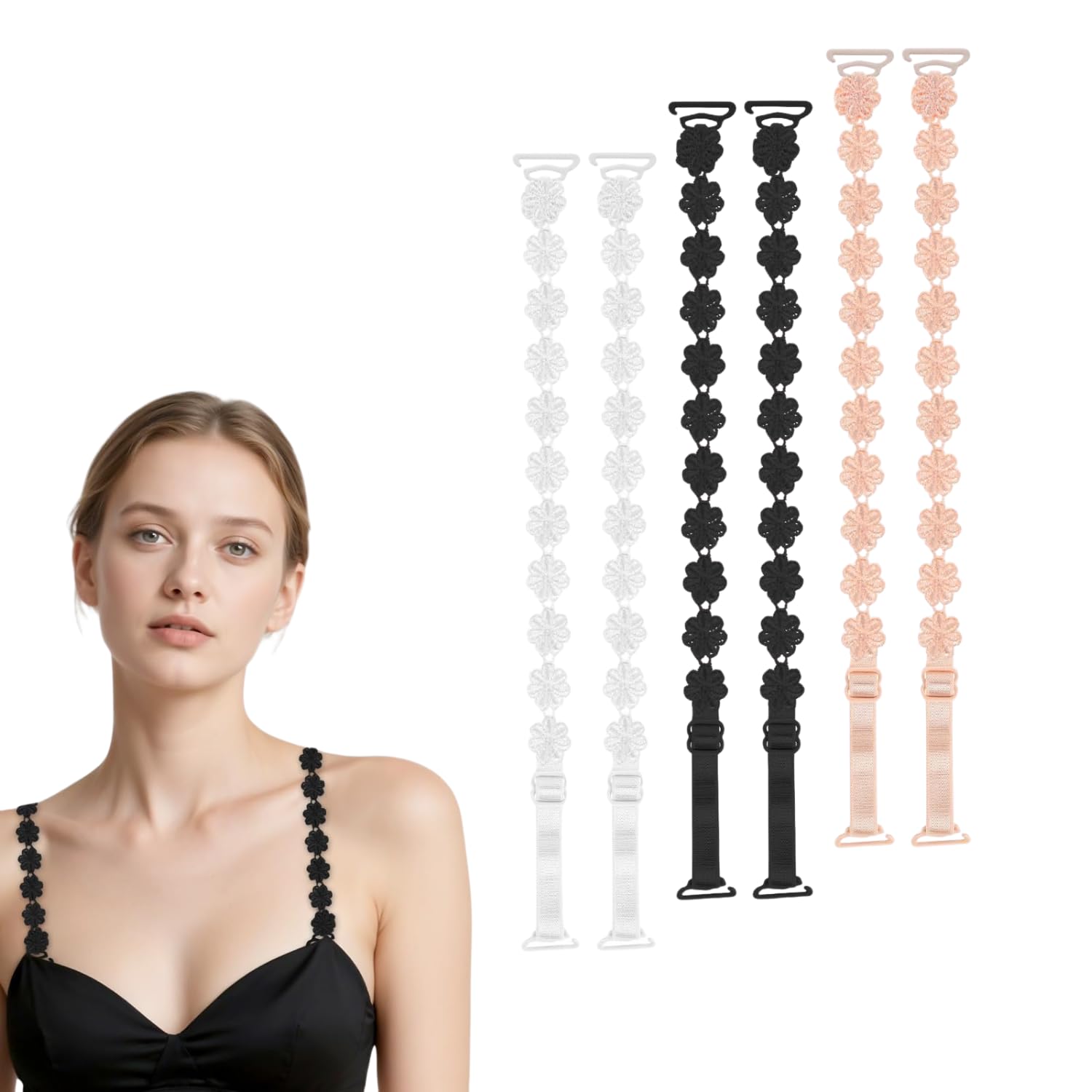 3 Pcs Replacement Lace Bra Straps for Women Fancy with Adjustable Floral Design, Comfortable Non Slip Shoulder Strap for Girls Everyday Use (Black, White and Skin Color)