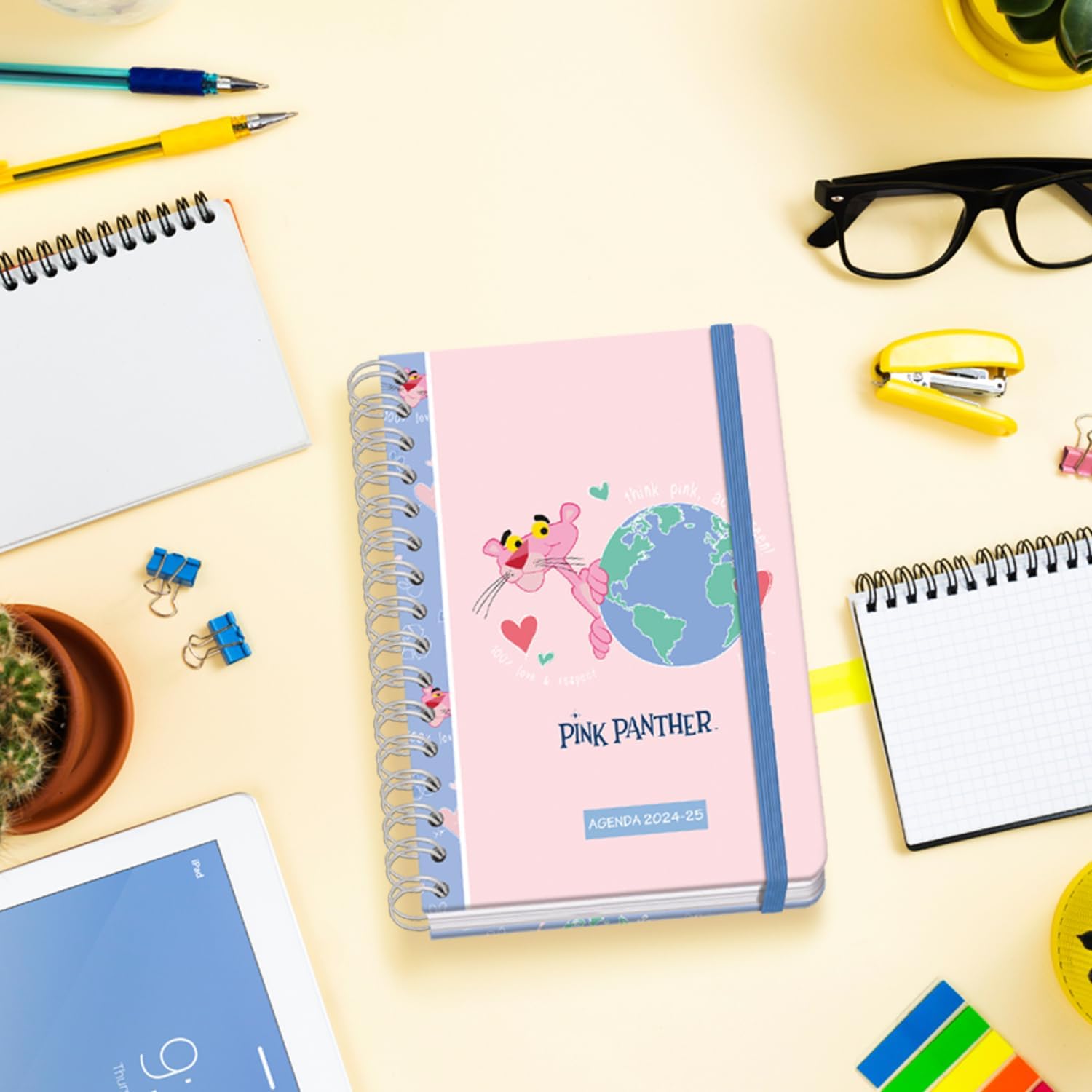 Dohe - School Diary 2024 2025 – Week View, Size A5 (15 x 21 cm), Ring Closure and Rubber, Spanish and English, 4 Sticker Pages, September to June, School Supplies – Pink Panther ecoPink