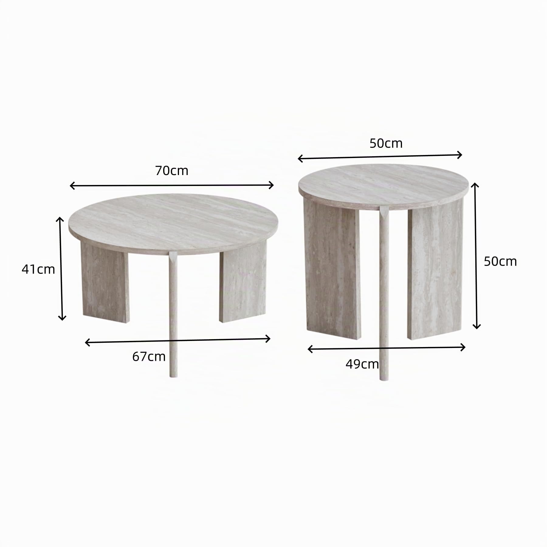 Ensemble de 2 Tables Basses, Tables de Salon en Imitation Travertin Blanc, Design à Trois Pieds, Table D'appoint Moderne de Style Minimaliste, Convient au Salon et à la Chambre