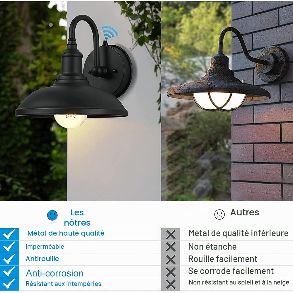 Lot de 2 Applique Murale Exterieur avec Capteur Crépusculaire, pour Grange, Couloir, Balcon, Porche, Entrepôt, Ferme, Loft, Rustique, Garage, Cellier, Noire - excl. E27 Ampoule