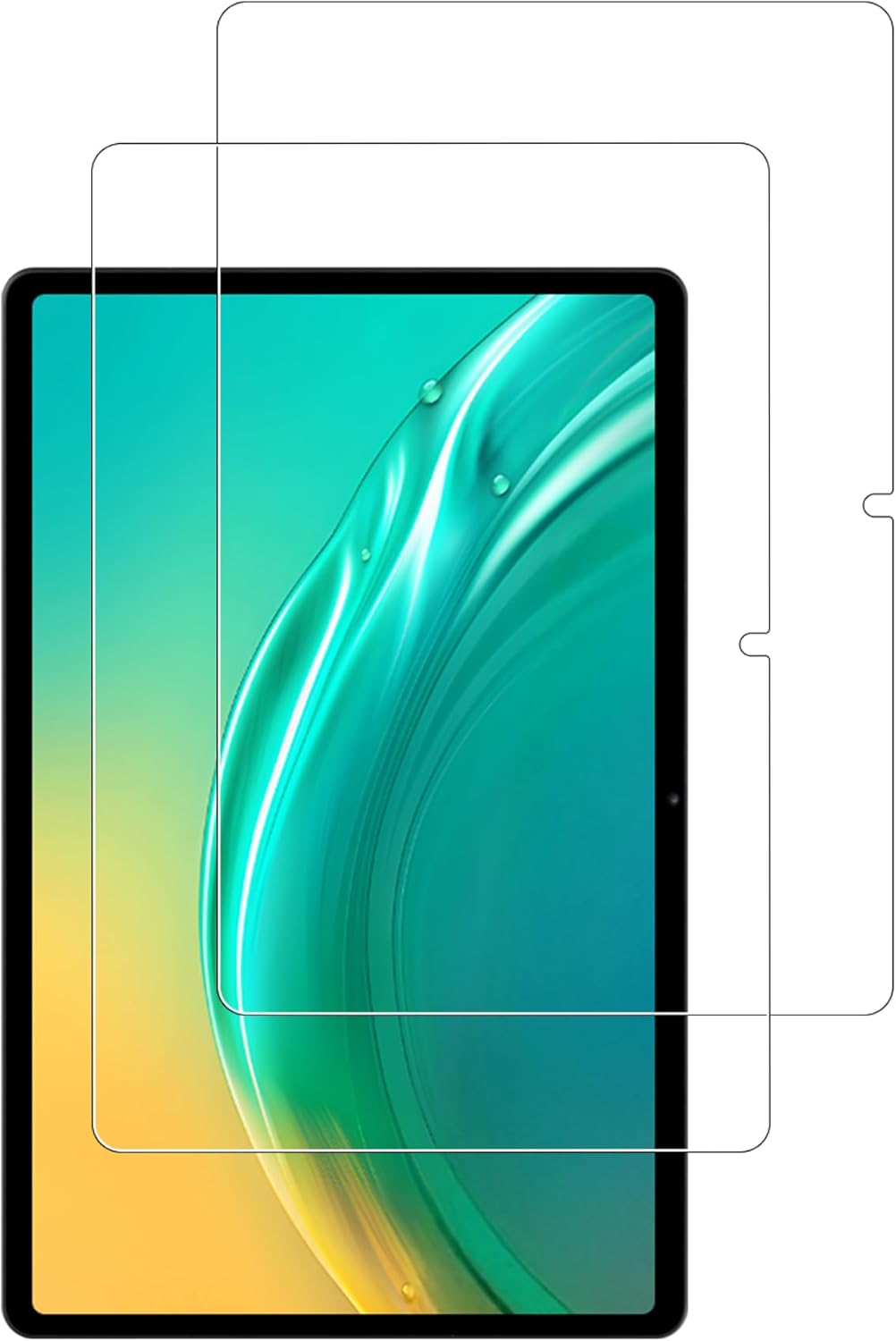 Two WUNIAK tempered glass screen protectors shown alongside a BMAX MaxPad I8 Plus tablet.