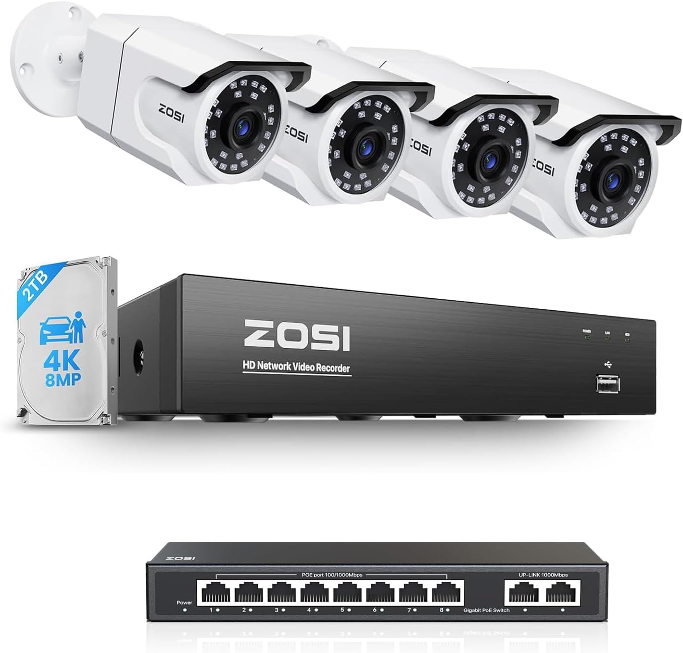 ZOSI 4K PoE Security Camera System with 8 Port Gigabit PoE Switch | 4pcs 8MP Outdoor Bullet Cameras, 8CH NVR with 2TB HDD, Person/Vehicle Detection, People Counting, One-Way Audio, 100ft Night Vision.