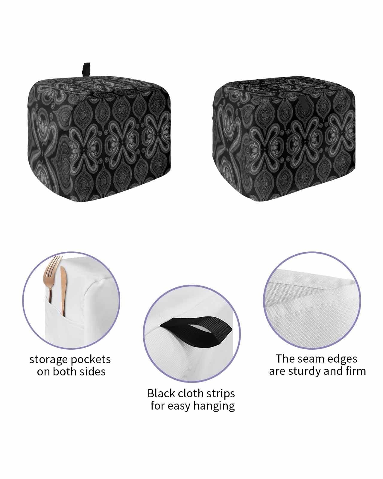 Black Geometric Toaster Cover 2 Slice, Modern Abstract Flower Dustproof Bread Machine Oven Cover with Storage Pockets, Fits Most Kitchen Toasters Protector