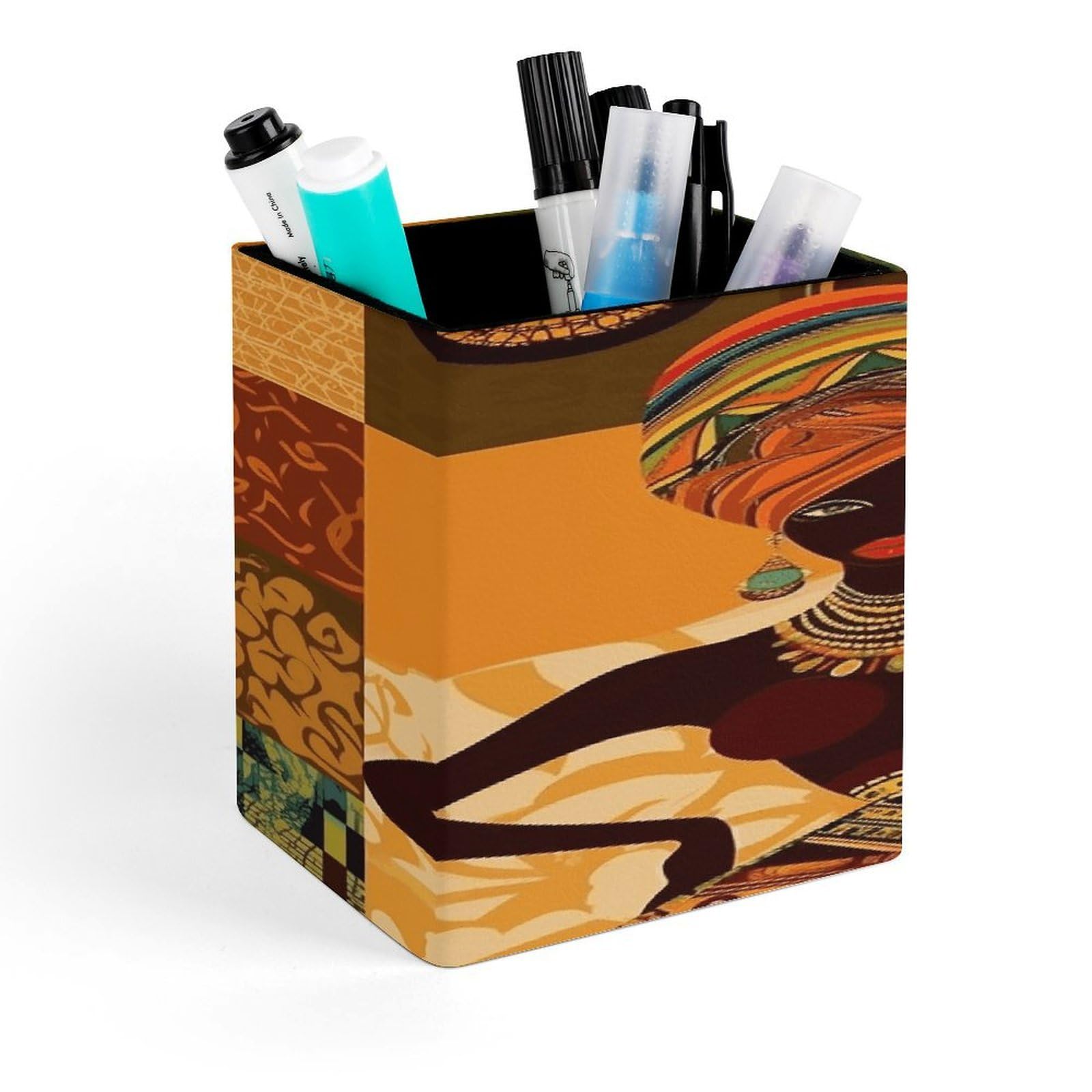 LZQPOEAS African Woman Square Pen Pencil Holder PU Leather Pencil Cup Desktop Stationery Organizer Office Accessories Container
