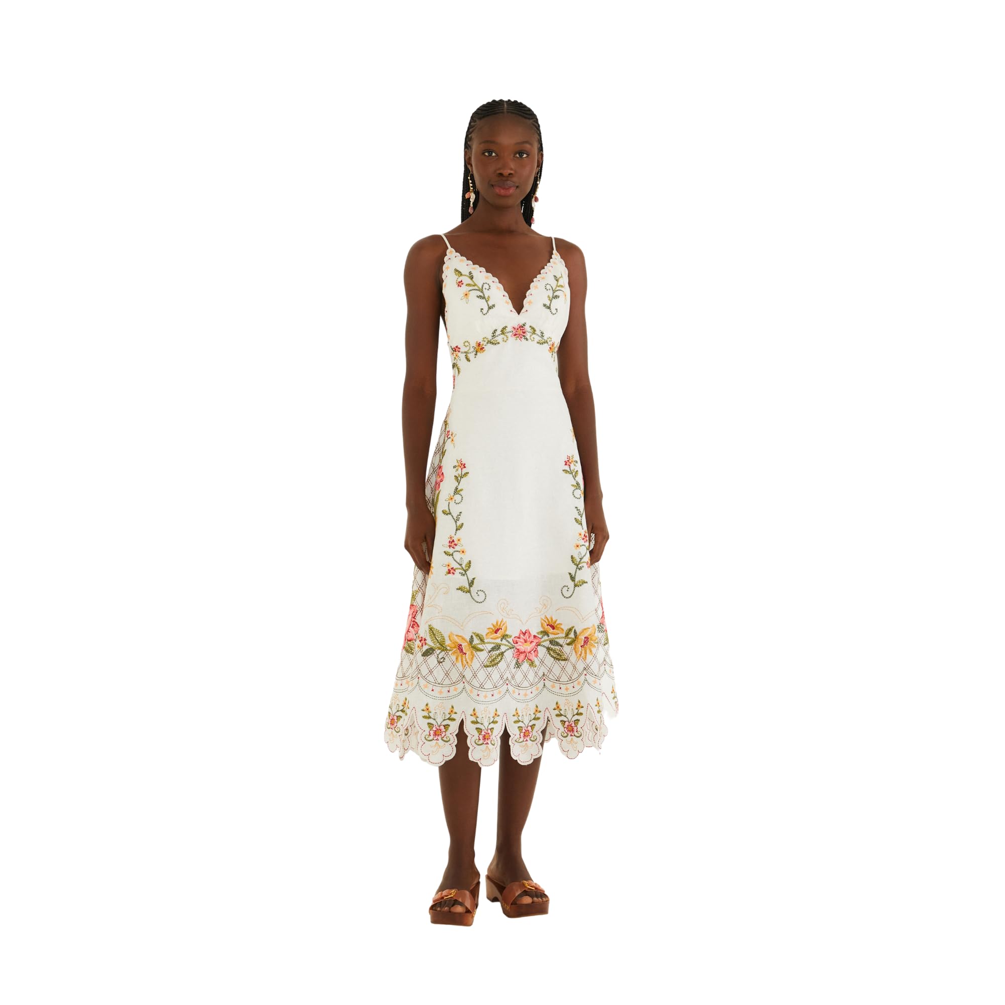 Off-White Flower Embroidery Asymetric Hem Midi Dress