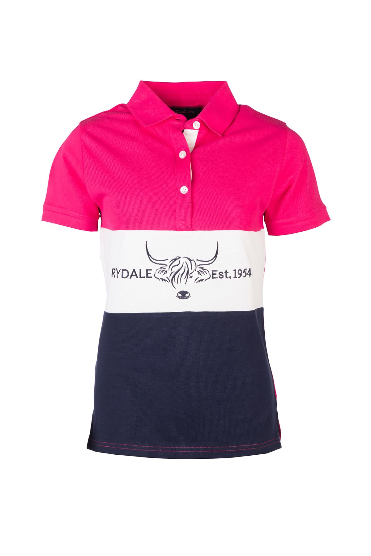 Rydale Women's Cow Navy/White/Bonbon Polo Shirt Summer Top Embroidered Panel Country Polos (Uk, Numeric, 14, Regular, Regular, )