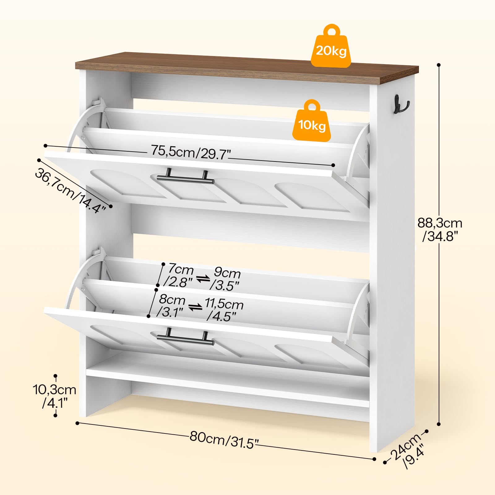 HOOBRO Meuble à Chaussures à Basculement, Meuble de Rangement Étroit, Portes en Arche, Tablettes Réglables, Basculeur de Chaussures, pour Couloir, Petits Espaces, Blanc et Noyer EWH42SC01