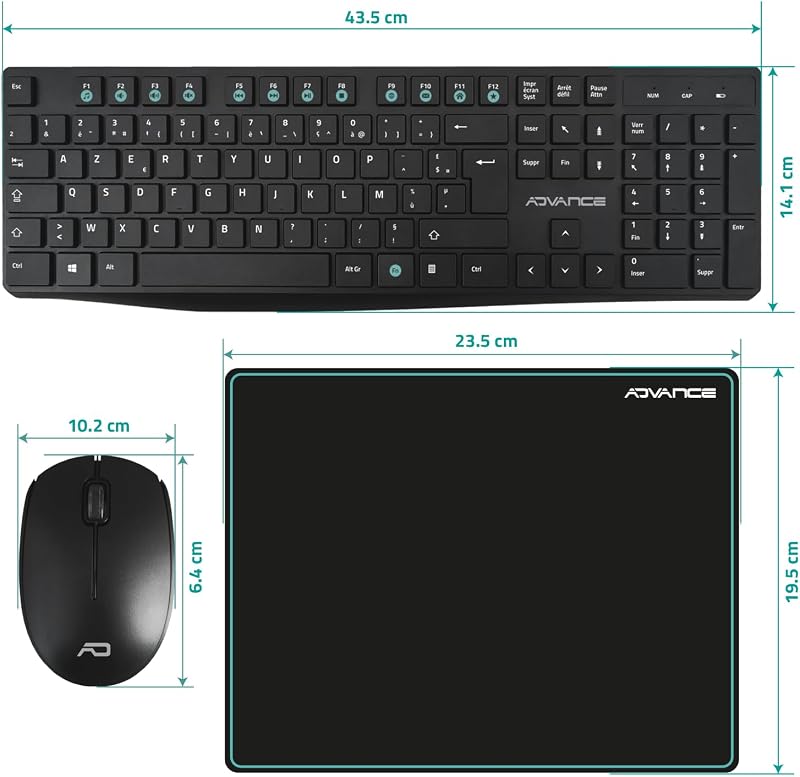AD ADVANCE Elite Vezeték Nélküli Billentyűzet-Egér Szett - Fekete, 3 Részes Csomag, Ergonomikus, USB Csatlakozás, PC/Laptop/Tablet Kompatibi