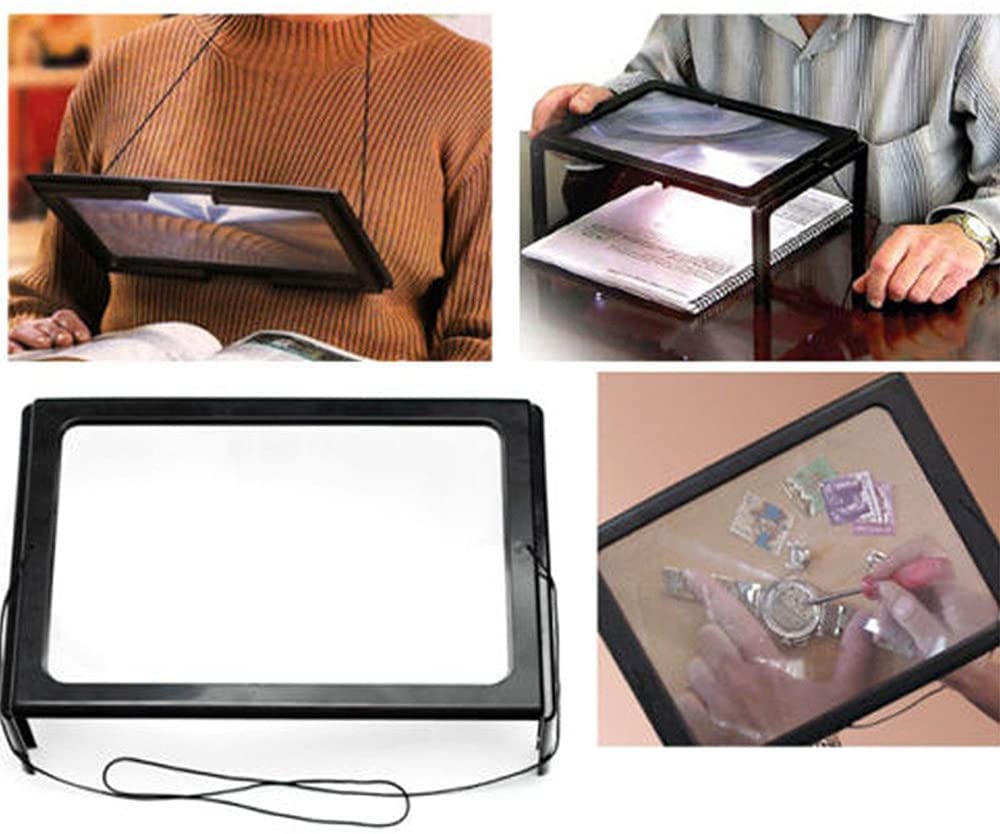 JUZR A4 Full Page Large Magnifying Glass Hands-Free Full-Page 3X Magnifier 4 LED Lighted Illuminated Foldable Desktop Portable for Elder Kids 2