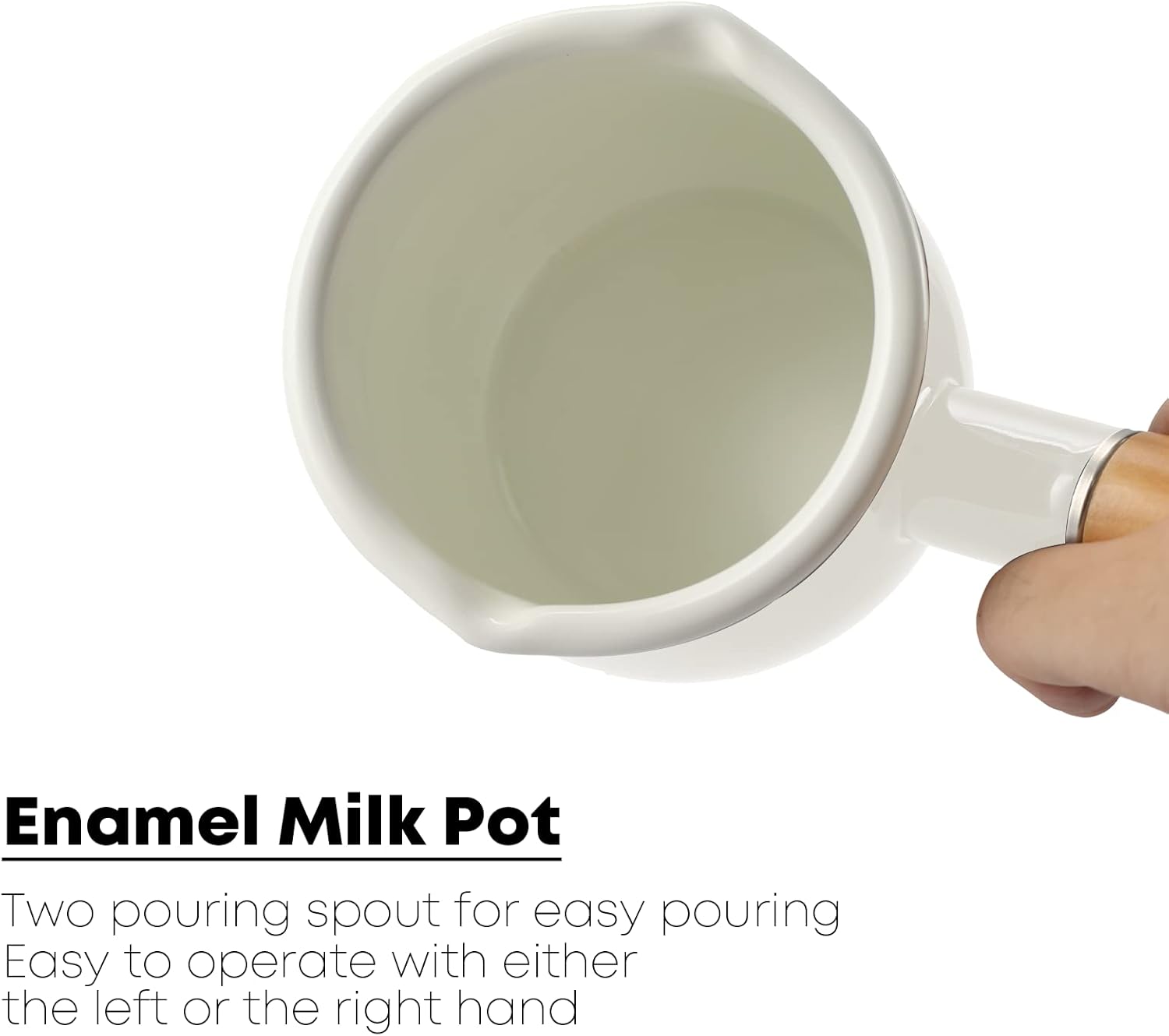 FARCADY 0.6qt Mini Enamel Milk Pot Insulated Wooden Handle 2 Pour Spouts Small Food Warmer Cute Saucepan(D015,White)