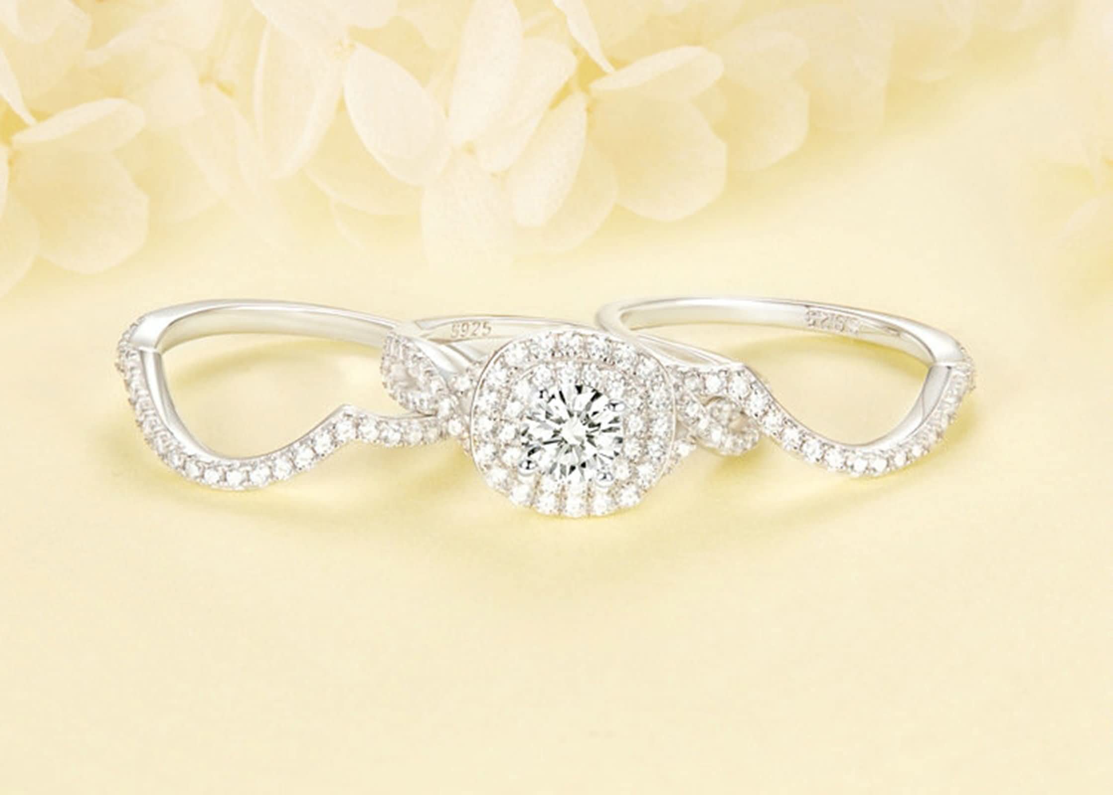 Anelli Argento Sterling Donna,Anello Matrimonio Set di Anelli con 4 Griffe Rotondo Zirconia Cubica Argento FEDI Nuziali Donna