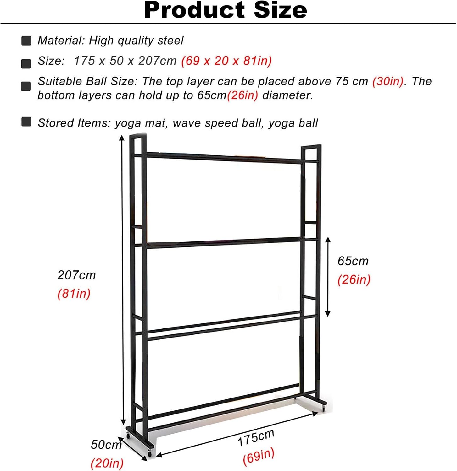 SRNSAEB Mobile Stability Ball Rack 4-Tier with Wheels, Large Capacity Floor-Standing Exercise Ball Holder for Gym/Fitness Club/Yoga Studio, Yoga Stability Ball Storage