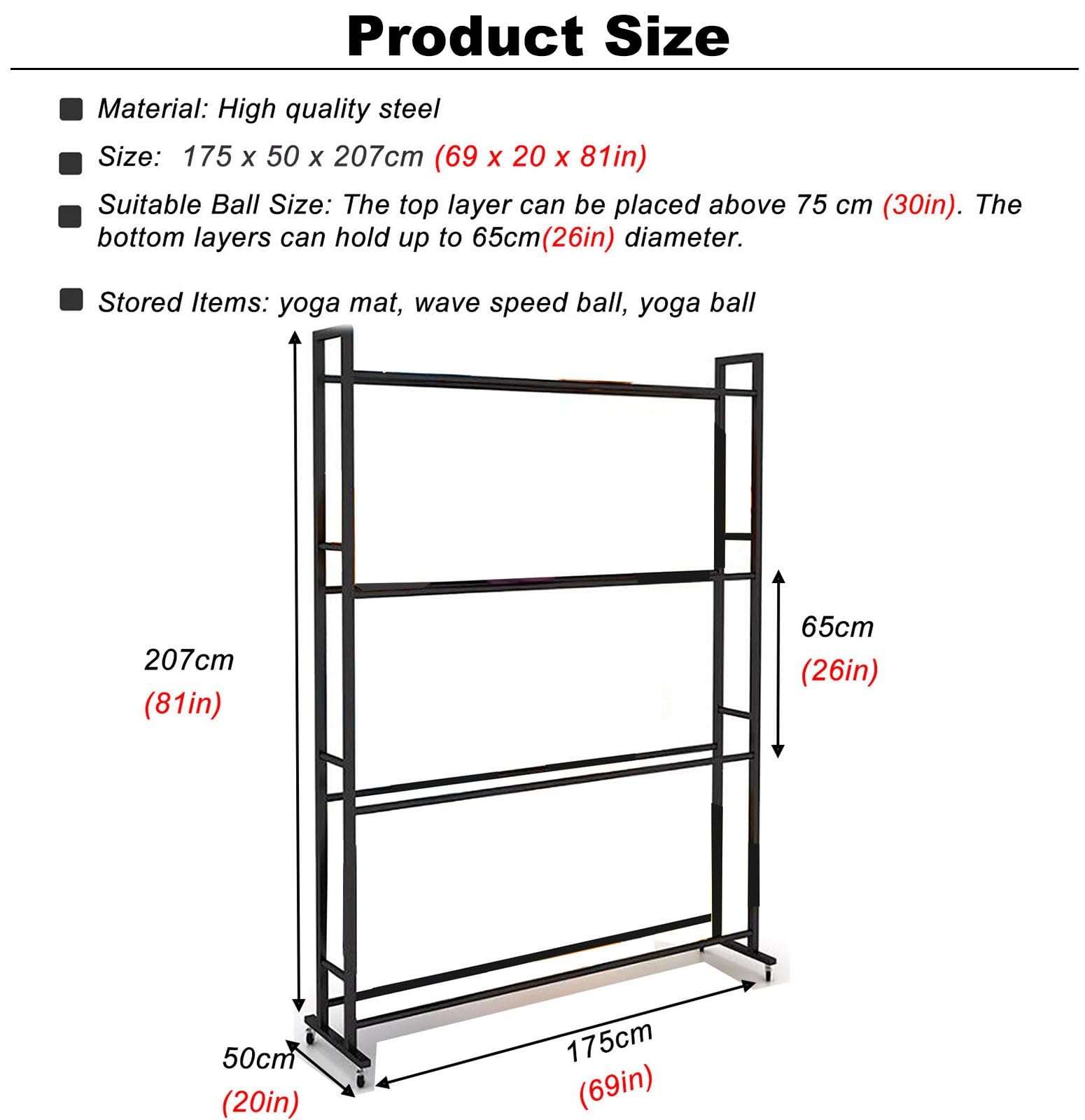 Organiseur de balle de sport, support de balle de yoga à 3/4 couches, autoportant, avec roues, organiseur multifonction pour équipement de gym, grand CA (noir 4, noir, 4 couches)
