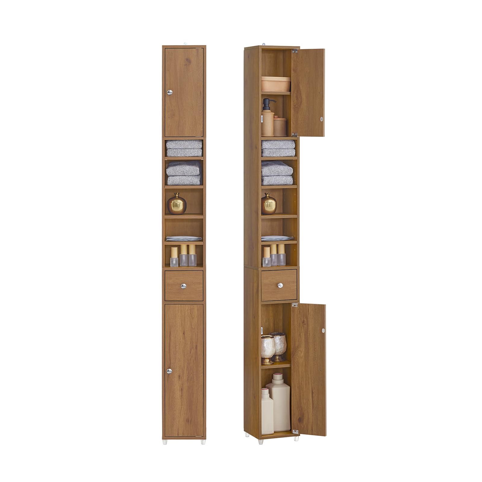 SoBuy Badkamerkast - Hoge, Slanke, Vrijstaande Kast met 3 Open Planken en Lade - Smalle Badkamerkast voor Kleine Ruimtes - Blauw 35 x 30 x 170 cm BZR112-B