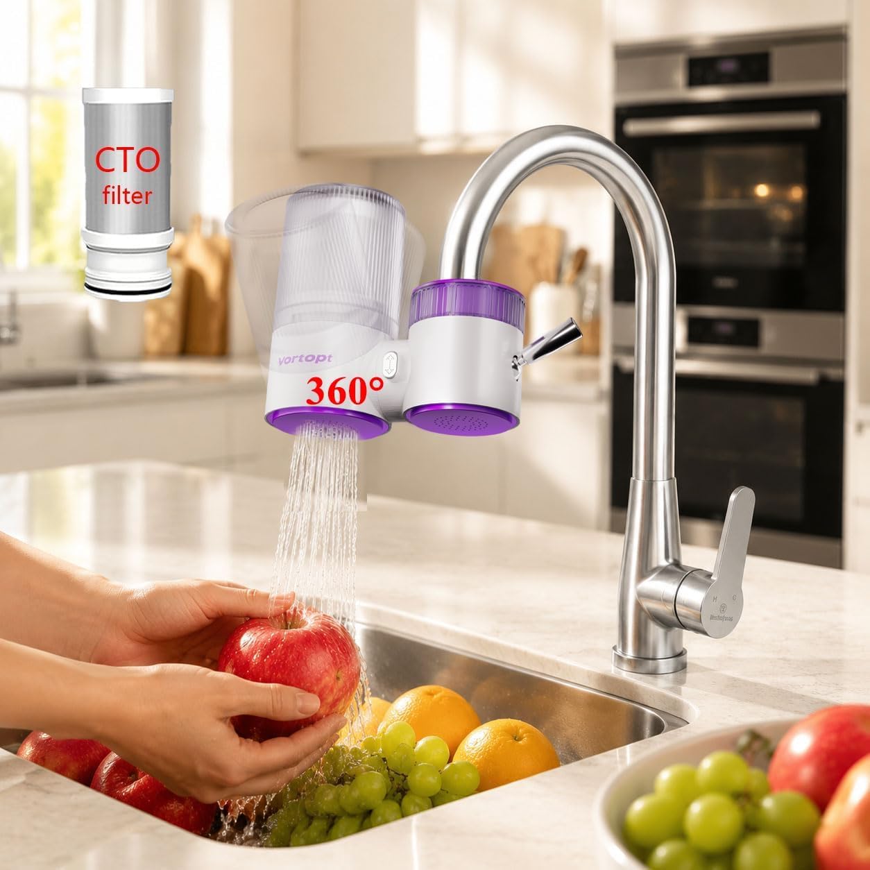 Vortopt Faucet Water Filter, 360° Rotary Kitchen Faucet Filter