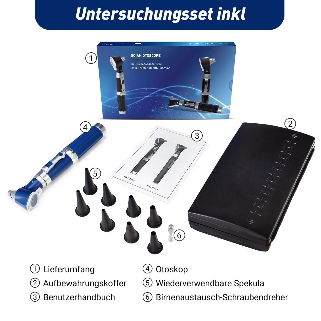Scian Otoscopio Medico Profesional - Otoscopio Con Lámpara, 3 Magnificaciones, 4 Herramientas De Diagnóstico Para El Cuidado Del Oído Del Tamaño De La Lente, Caja De Plástico Duro (Blue1)