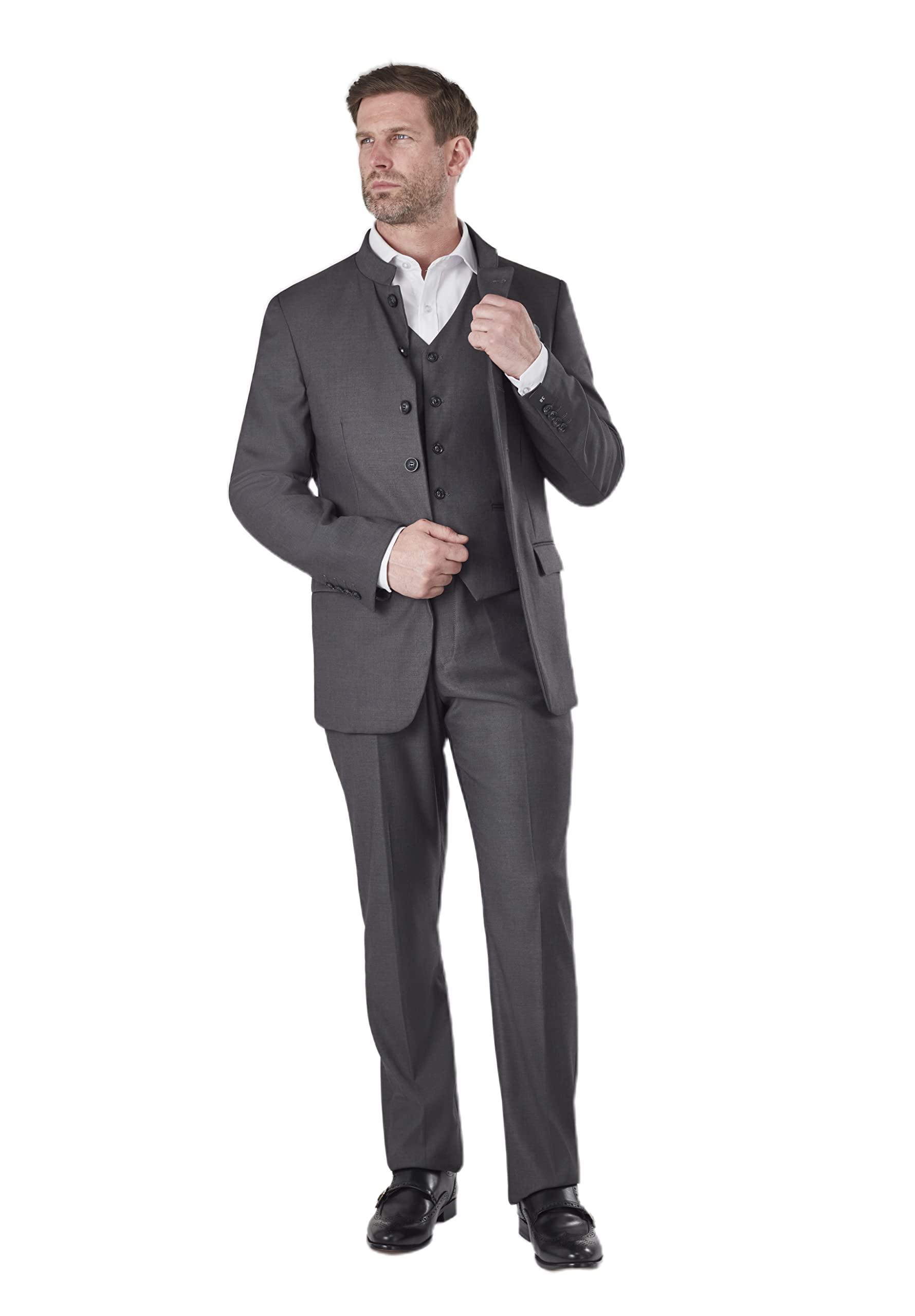 Xposed Men's Grey Chinese Grandad Collar 3 Piece Suit Fitted Nehru Jacket Wedding Party [,Chest Uk 52 Eu 62,Trouser 46"]