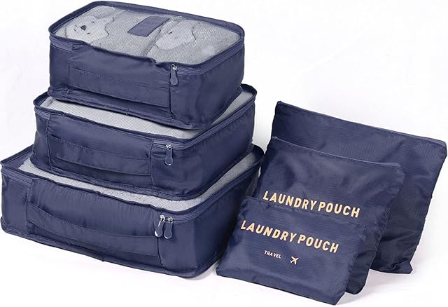 Packing Cubes, WantGor 6 PCS Travel Storage Bag Packing Organizer Sets Luggage Compression Pouches (Navy Blue)