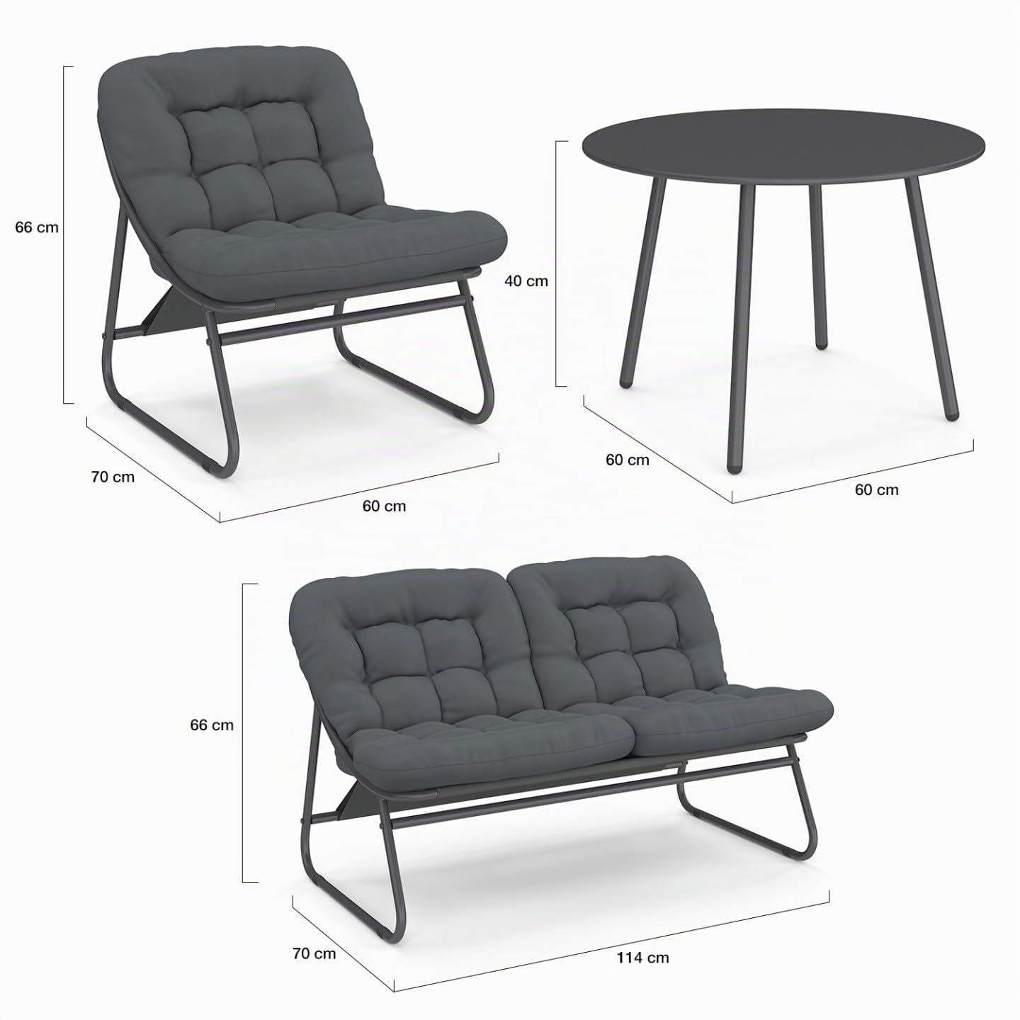 IDMarket - Muebles de jardín Arona bajo 4 plazas en metal gris antracita y cojines grises con sofá, sillón y mesa