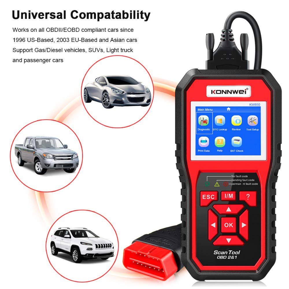 KONNWEI KW850 OBD2 urządzenie diagnostyczne z testem baterii urządzenie diagnostyczne do samochodu | Czytnik samochodowy z wyświetlaczem 2,8", przycisk czuwania One Touch I/M, kompatybilny z pojazdami OBDII od 2002,9 języków
